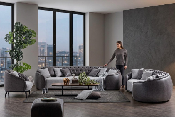 Luxus Villa Miwwel Griich Chesterfield Canapé Kompositioun Stoffcouchen Textil 4+3+1