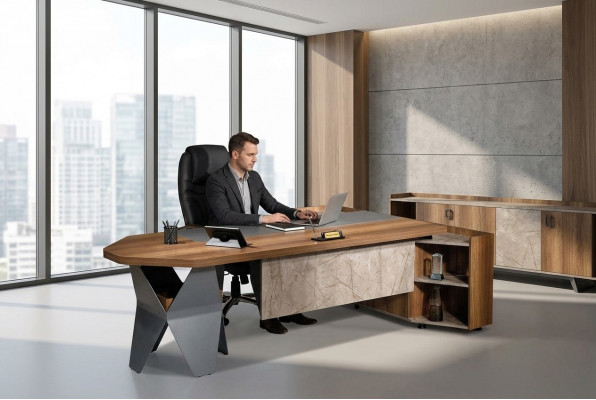 Büroschreifdësch Eckschreifdësch Aarbechtsdësch Büro Holz Braun