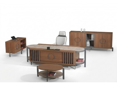 Schreibtisch Grupp Set Büro Schreifdësch Set 4 Deeler Holz Brong Kommode Grouss