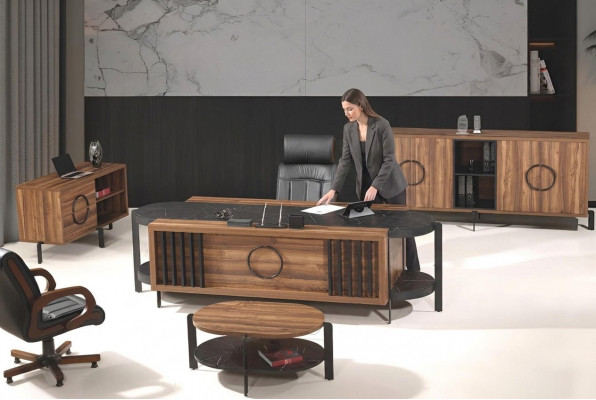 Luxus Komplett Büro Schreifdësch Bürosdësch Set 4-Deeler Holz Braun Dësch