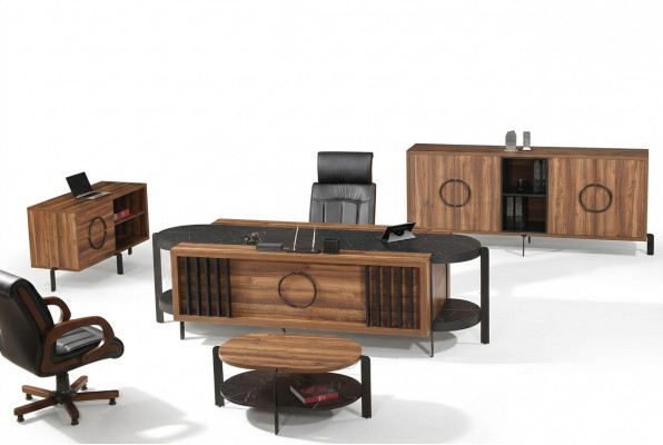 Luxus Komplett Büro Schreifdësch Bürosdësch Set 4-Deeler Holz Braun Dësch