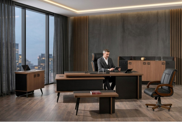 Komplettbüro Bürosmoubel Schreifdësch Büro Büro-Dësch Set 4tlg Holz Braun