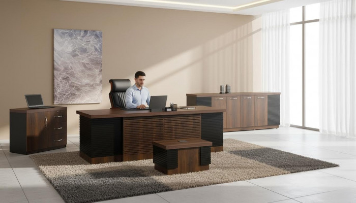 Büroschapp, Büro Miwwel, Komplettbüro Schreifdësch Set, 4 Deeler Holz, Braun Büro.