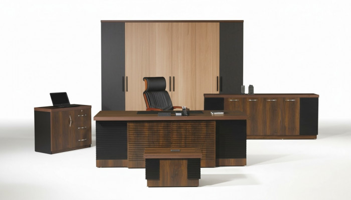 Büroschapp, Büro Miwwel, Komplettbüro Schreifdësch Set, 4 Deeler Holz, Braun Büro.