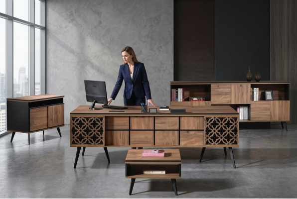 Bürosdësch Aarbechtszëmmermiwwelen Komplettbüro Schreifdësch 4 Deeler Holz Braun