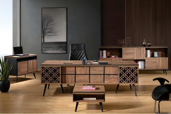 Bürosdësch Aarbechtszëmmermiwwelen Komplettbüro Schreifdësch 4 Deeler Holz Braun