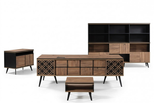Bürosdësch Aarbechtszëmmermiwwelen Komplettbüro Schreifdësch 4 Deeler Holz Braun