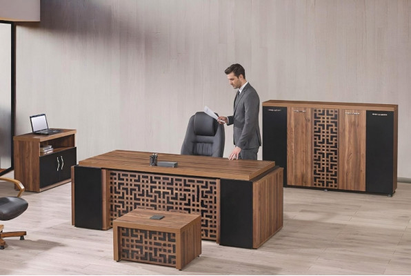 Aarbechtszëmmerméibelen Büro Schreifdësch Búrodësch Set 4-Stéck Holz Braun