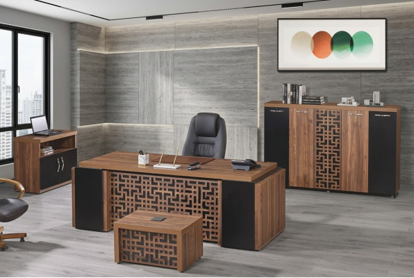 Aarbechtszëmmerméibelen Büro Schreifdësch Búrodësch Set 4-Stéck Holz Braun