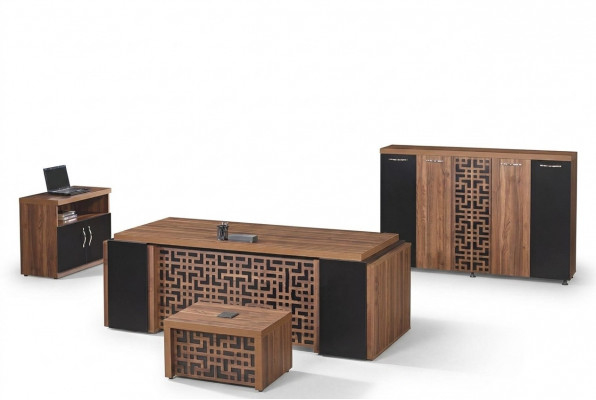 Aarbechtszëmmerméibelen Büro Schreifdësch Búrodësch Set 4-Stéck Holz Braun