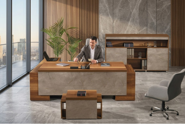 Komplettbüro Bürosmiwwel Eckbüroschreifdësch Büro Schreifdësch Set 3tlg Holz Braun
