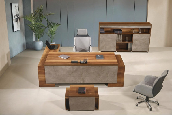 Komplettbüro Bürosmiwwel Eckbüroschreifdësch Büro Schreifdësch Set 3tlg Holz Braun