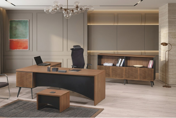 Aarbechtszëmmerschmëttelen Eckbürosdësch Komplett 3 Deeler Holz Brong Bürosmëttelen