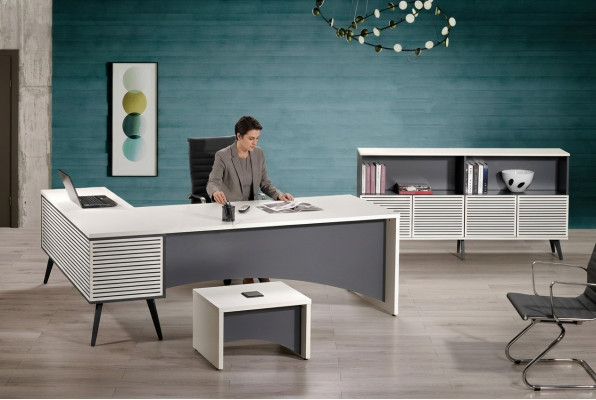 Schaffdësch Eckbürosdësch Komplett Büro Set 3 Deeler Holz Bürosmöbel Wäiss