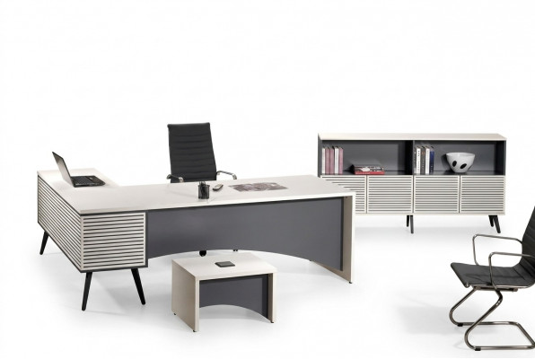 Schaffdësch Eckbürosdësch Komplett Büro Set 3 Deeler Holz Bürosmöbel Wäiss