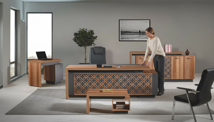 Büroschreifdësch Bürosmiwwel Komplettbüro Schreifdësch Set 4 Deeler Holz Brong Büro