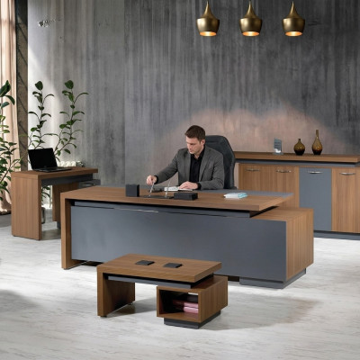 Schreibtisch Bürosmöbel Komplettbüro Schreifdësch Set 4-Stéck Holz Brong