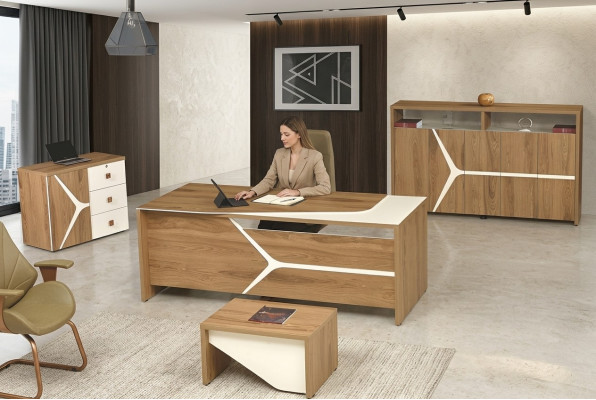 Modern Komplette Büro Schreifdësch Büro Büro-Dësch Set 4-deelech Holz Brong