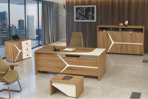 Modern Komplette Büro Schreifdësch Büro Büro-Dësch Set 4-deelech Holz Brong