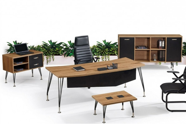 Bürosmiwwelen Komplettbüro Schreifdësch Büro Bürosdësch 4-deelech Holz Schwaarz
