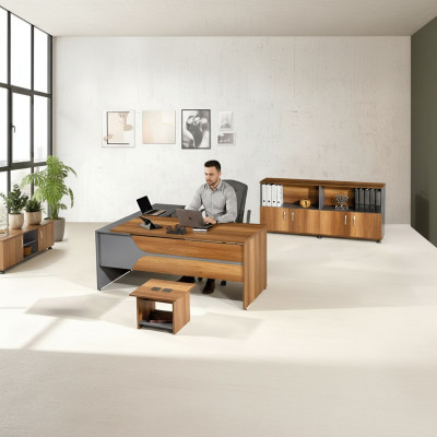 Bürosmiwwelen a Gro Set 3 Deeler Eckbürosdësch Komplettbüro Schaf Holz Grupp