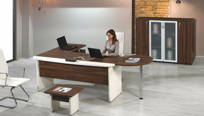 Garnitur Büro Miwwelen Set 3 Deeler Eckbüroschaf Komplettbüro Holz Brong Dësch
