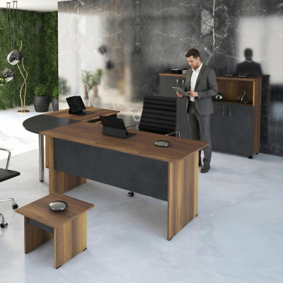 Klassesche Büro Miwwel Set 3-tëg Eckbürosdësch Komplett Büro Holz Gri Büro