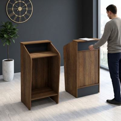 Rezeptioun Empfangsschalter Empfangstheke Büro Hotel Holz Braun Dësch