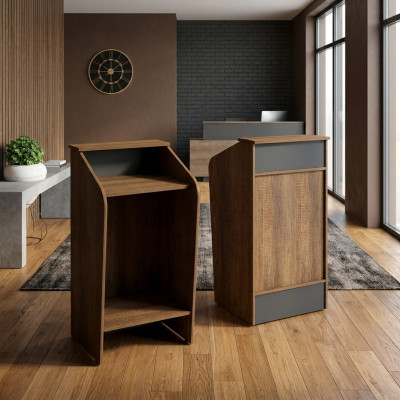 Rezeptioun Empfangsschalter Empfangstheke Büro Hotel Holz Braun Dësch