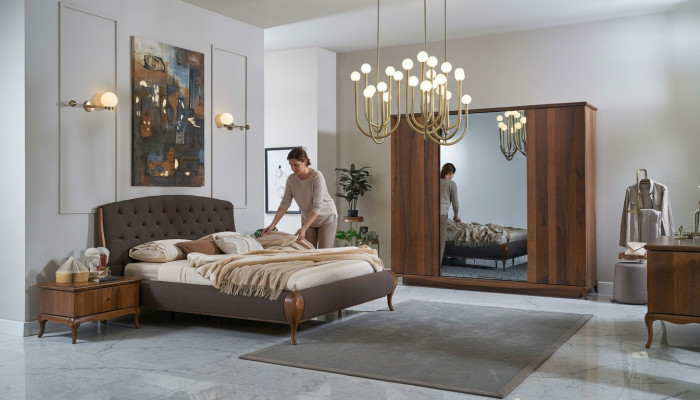 Duebelbett Komplett Schlofzëmmer Bett Set 4tlg Bettgestell Braun 180
