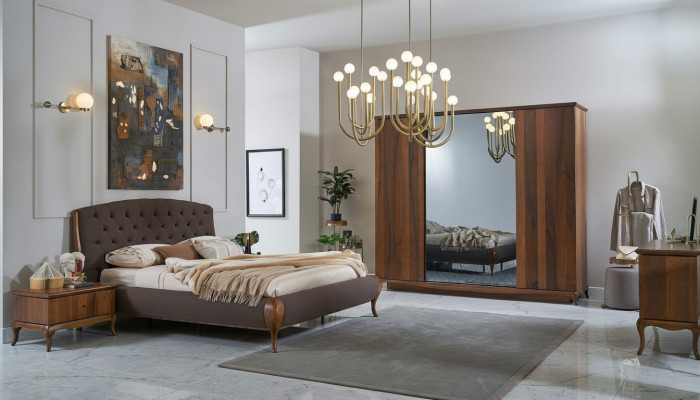 Duebelbett Komplett Schlofzëmmer Bett Set 4tlg Bettgestell Braun 180