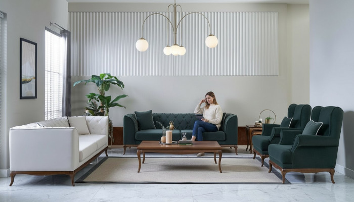 Canapé-Set Drësëtzeger Fauteuil Zweisëtzer Stoffsofa Gréng Polstersofas