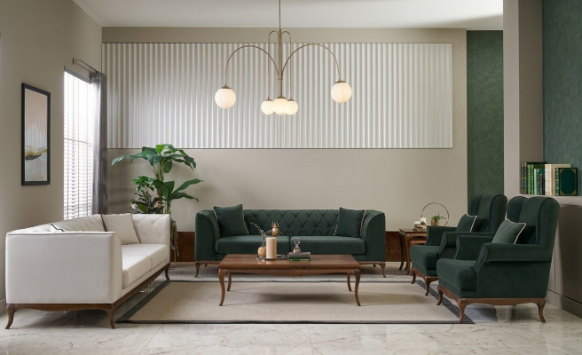 Canapé-Set Drësëtzeger Fauteuil Zweisëtzer Stoffsofa Gréng Polstersofas
