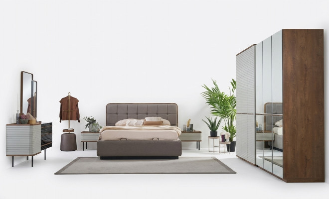 Moderne Schlofkummer Set 7-tlg Doppelbett Komplett Braun Holz Bett