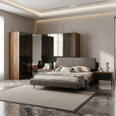Bett Design Schlofzëmmer Duebelbett Brong Holz Bettkader Set 4 Deeler