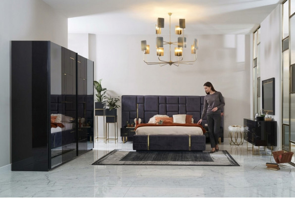 Luxus Duebelbett Bettrahmen Schlofzëmmer Holz Set 6 Stéck Schwaarz Design