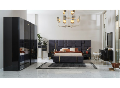Luxus Duebelbett Bettrahmen Schlofzëmmer Holz Set 6 Stéck Schwaarz Design