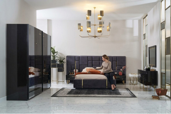 Design Duebelbett Bettrahmen Luxus Schlofzëmmer Holz Set 6tlg Schwaarz