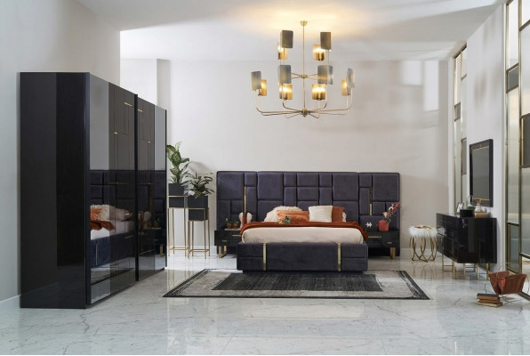 Design Duebelbett Bettrahmen Luxus Schlofzëmmer Holz Set 6tlg Schwaarz