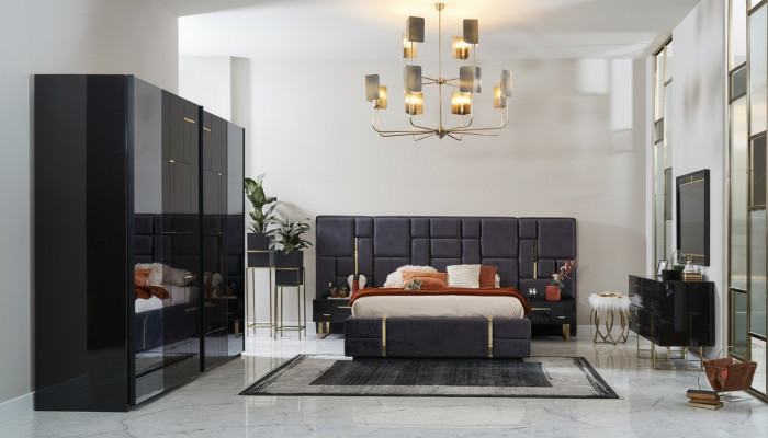 Design Duebelbett Bettrahmen Luxus Schlofzëmmer Holz Set 6tlg Schwaarz