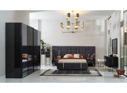 Design Duebelbett Bettrahmen Luxus Schlofzëmmer Holz Set 6tlg Schwaarz