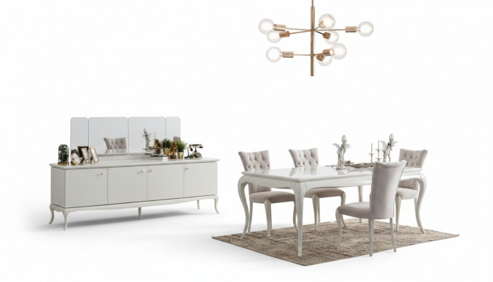 Iessgrupp Eck, Iesszëmmer, Iessdësch, Holz, Wäiss, Set 7 Deeler, Sideboard