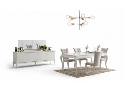 Iessgrupp Eck, Iesszëmmer, Iessdësch, Holz, Wäiss, Set 7 Deeler, Sideboard