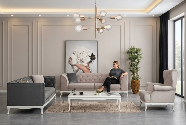 Komplett Chesterfield Canapé Polstersofa Set 3 Stéck Stoffsofa Schwaarz