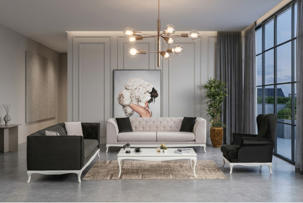 Komplett Chesterfield Canapé Polstersofa Set 3 Stéck Stoffsofa Schwaarz
