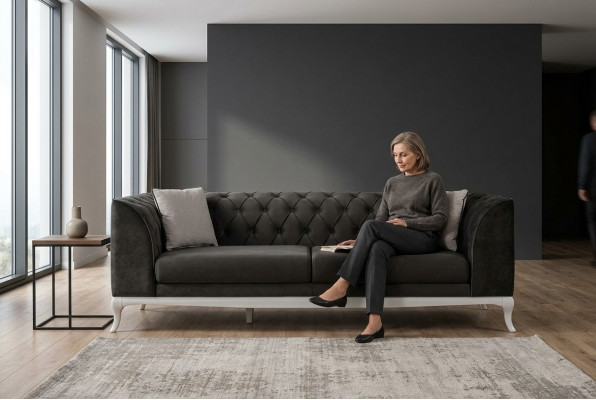 Wunnzëmmer Dräisëtzer Chesterfield Canapé Sofa 3 Sëtzer Schwaarz Stoff Stoffsofa