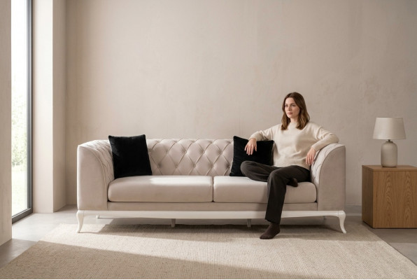 Wunnzëmmer Stoffsofa Dräisëtzer Chesterfield Couch Sofa 3 Sëtzer Beige Stoff