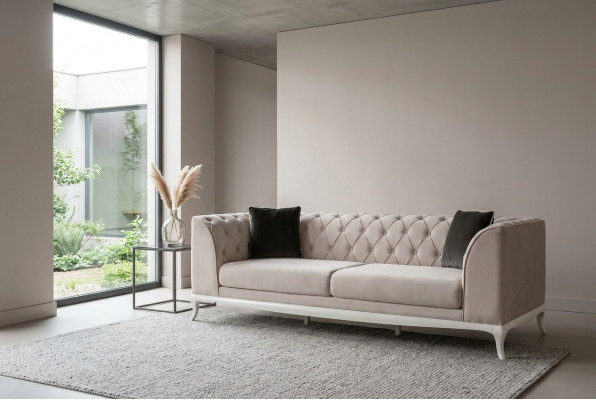 Wunnzëmmer Stoffsofa Dräisëtzer Chesterfield Couch Sofa 3 Sëtzer Beige Stoff