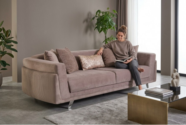 Dreisëtzer Canapé mat Schloffunktion Sofa 3 Sëtzer Beige Stoff Stoffsofa