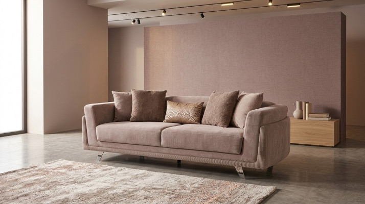 Dreisëtzer Canapé mat Schloffunktion Sofa 3 Sëtzer Beige Stoff Stoffsofa